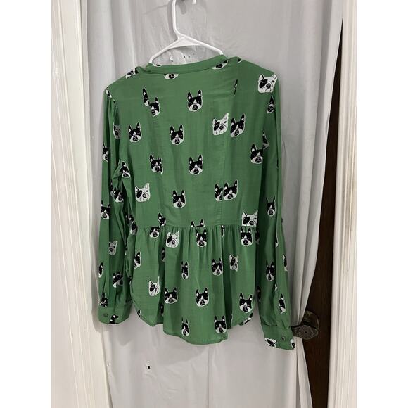 maeve anthropologie Green French Bulldog Pleated Button Up Shirt Sz 6 - Picture 8 of 8